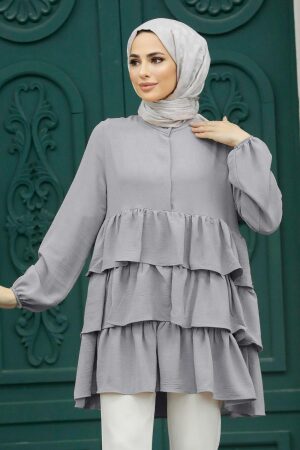 Neva Style - Kat Detaylı Gri Tesettür Tunik 64701GR - 1