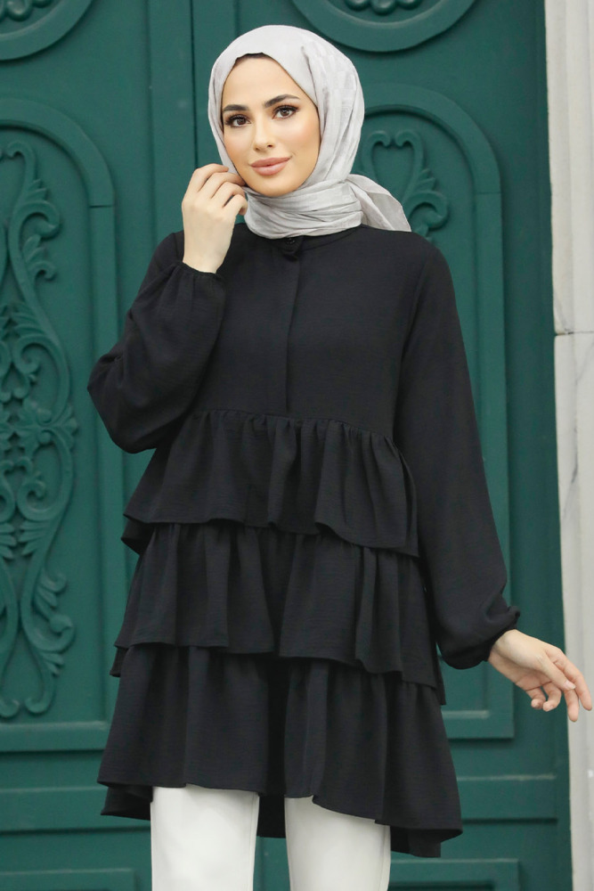 Neva Style - Kat Detaylı Siyah Tesettür Tunik 64701S - NEVA STYLE