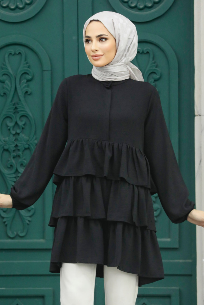 Neva Style - Kat Detaylı Siyah Tesettür Tunik 64701S - 2