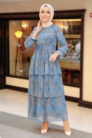 Neva Style - Kat Kat İndigo Mavisi Tesettür Elbise 11470IM - Thumbnail