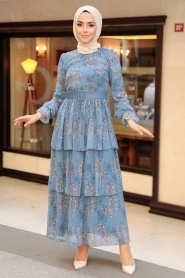 Neva Style - Kat Kat İndigo Mavisi Tesettür Elbise 11470IM - Thumbnail