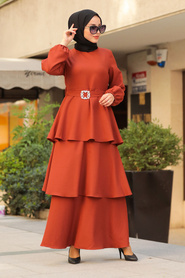 Neva Style - Kat Kat Kiremit Tesettür Elbise 5171KRMT - Thumbnail