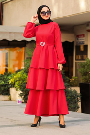 Neva Style - Kat Kat Kırmızı Tesettür Elbise 1283K - Thumbnail