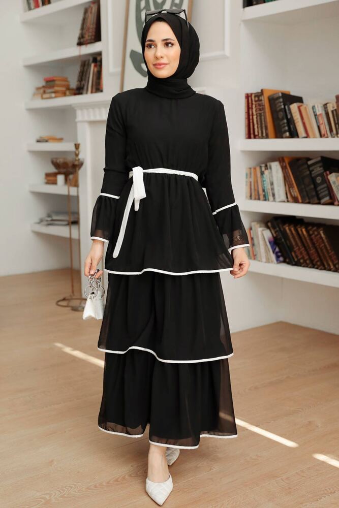 Neva Style - Kat Kat Siyah Tesettür Elbise 90160S - 3