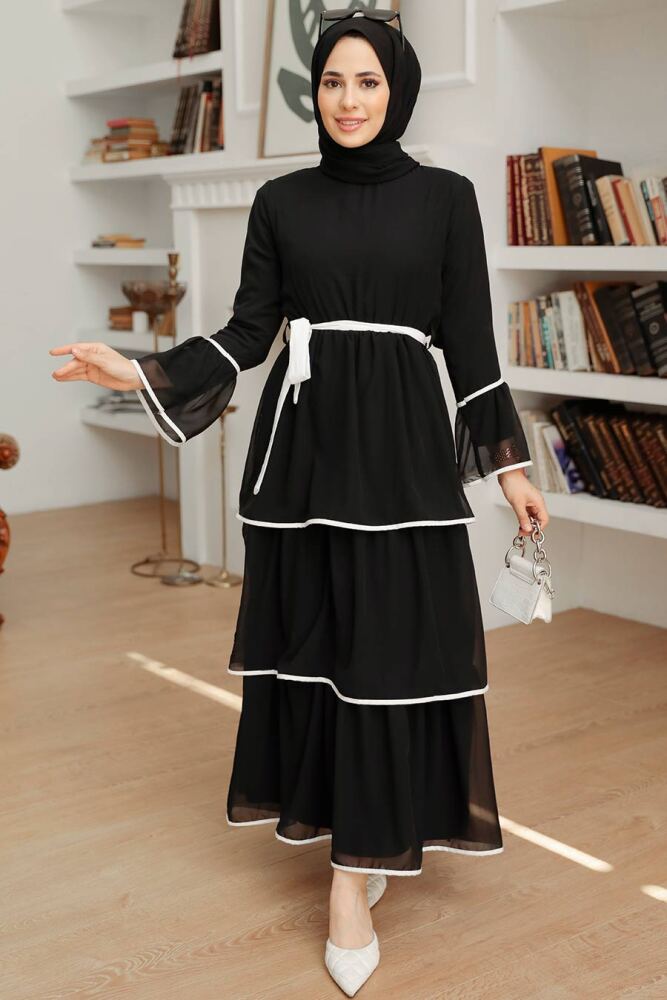 Neva Style - Kat Kat Siyah Tesettür Elbise 90160S - 1