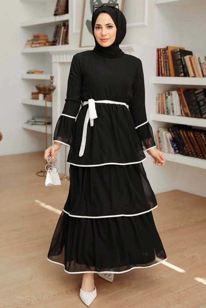 Neva Style - Kat Kat Siyah Tesettür Elbise 90160S - 2