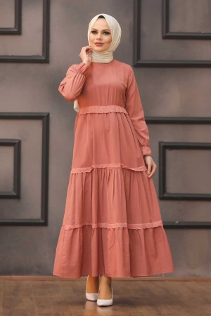 Neva Style - Kat Pileli Kiremit Tesettür Elbise 43520KRMT - 1