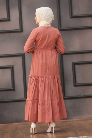 Neva Style - Kat Pileli Kiremit Tesettür Elbise 43520KRMT - 2