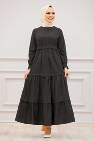Neva Style - Kat Pileli Siyah Tesettür Elbise 43520S - Thumbnail