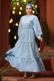Neva Style - Kat Piliseli Bebek Mavisi Tesettür Elbise 30252BM - Thumbnail