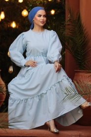 Neva Style - Kat Piliseli Bebek Mavisi Tesettür Elbise 30252BM - Thumbnail