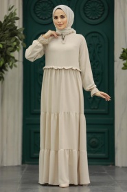 Neva Style - Kat Piliseli Bej Tesettür Elbise 5854BEJ - Thumbnail