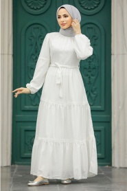 Neva Style - Kat Piliseli Beyaz Tesettür Elbise 1384B - Thumbnail