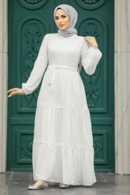 Neva Style - Kat Piliseli Beyaz Tesettür Elbise 1384B - Thumbnail