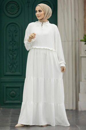 Neva Style - Kat Piliseli Beyaz Tesettür Elbise 5854B - 2