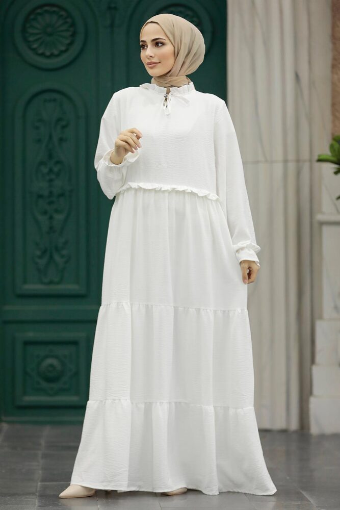 Neva Style - Kat Piliseli Beyaz Tesettür Elbise 5854B - 2
