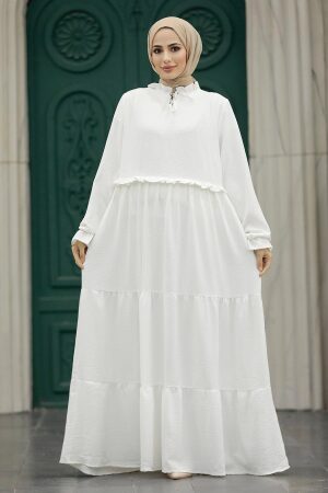 Neva Style - Kat Piliseli Beyaz Tesettür Elbise 5854B - 1