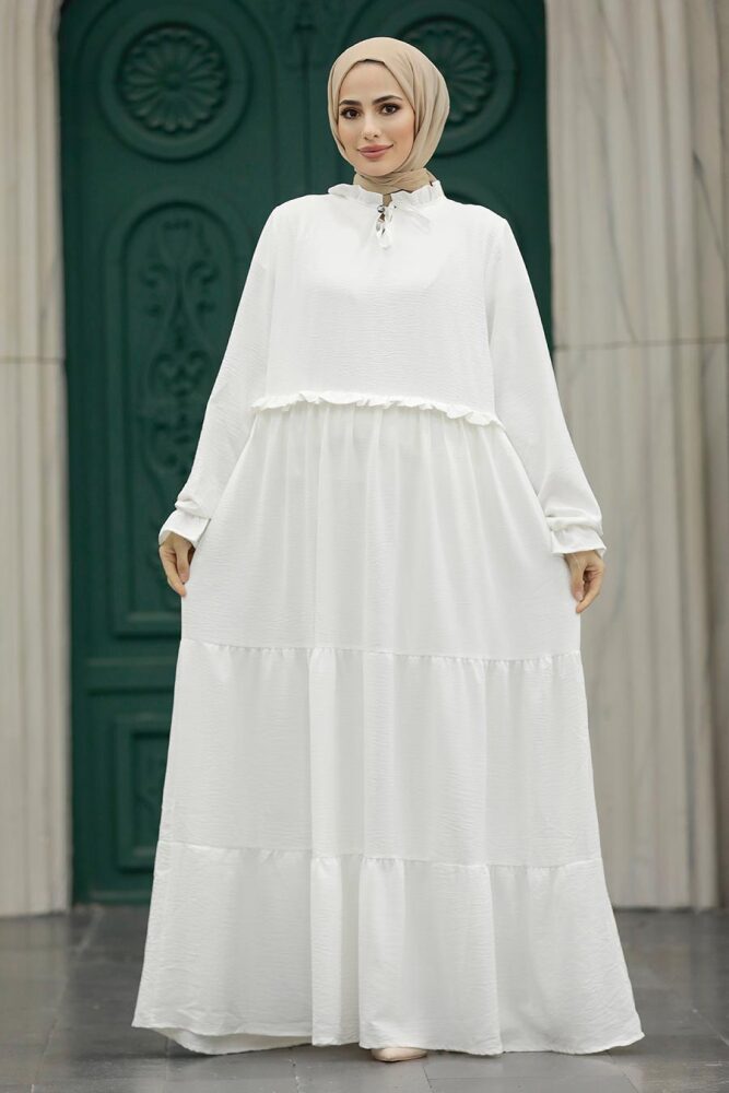 Neva Style - Kat Piliseli Beyaz Tesettür Elbise 5854B - 1