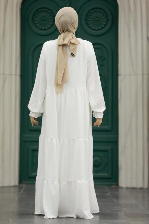 Neva Style - Kat Piliseli Beyaz Tesettür Elbise 5854B - 3