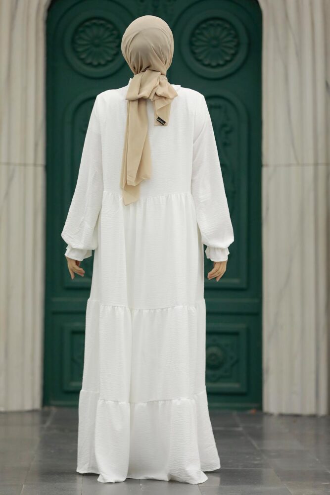 Neva Style - Kat Piliseli Beyaz Tesettür Elbise 5854B - 3