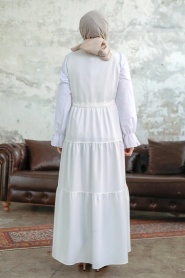 Neva Style - Kat Piliseli Beyaz Tesettür Jile Elbise 577B - Thumbnail