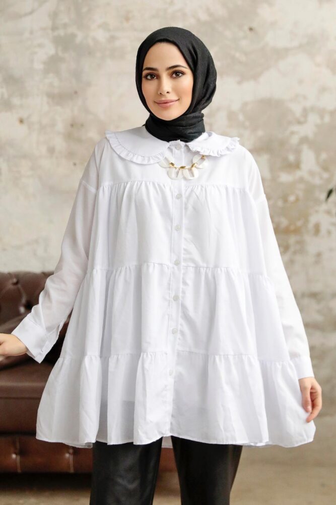Neva Style - Kat Piliseli Beyaz Tesettür Tunik 11281B - NEVA STYLE