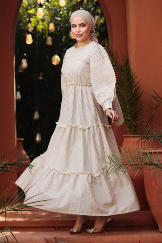  Kat Piliseli Bisküvi Tesettür Elbise 30252BS - 1