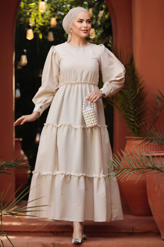  Kat Piliseli Bisküvi Tesettür Elbise 30252BS - 4