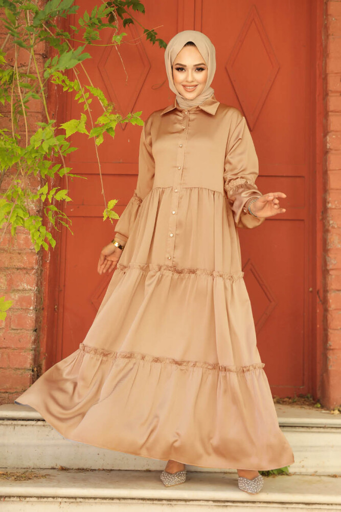 Neva Style - Kat Piliseli Bisküvi Tesettür Elbise 5884BS - 1