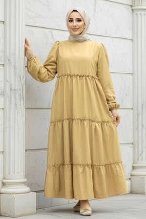  Kat Piliseli Bisküvi Tesettür Poplin Elbise 57342BS - 1