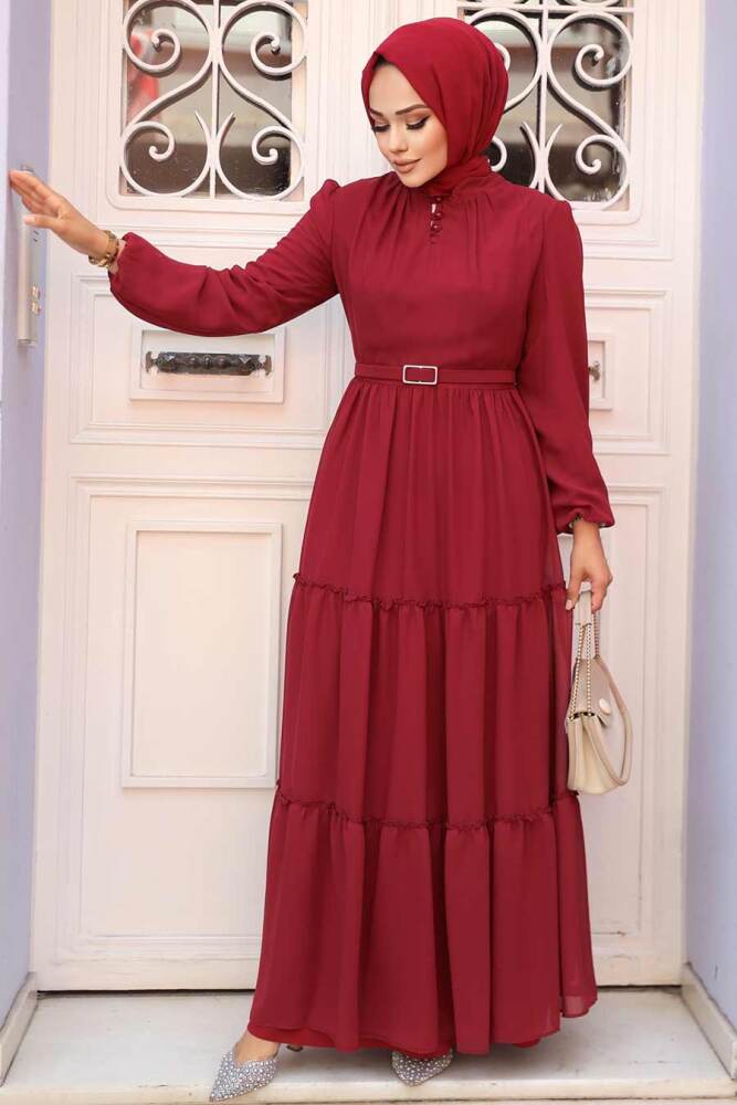 Neva Style - Kat Piliseli Bordo Tesettür Elbise 57250BR - 2