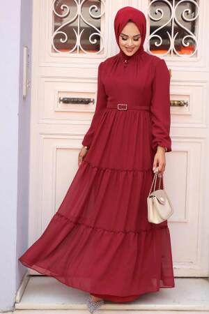 Neva Style - Kat Piliseli Bordo Tesettür Elbise 57250BR - 1