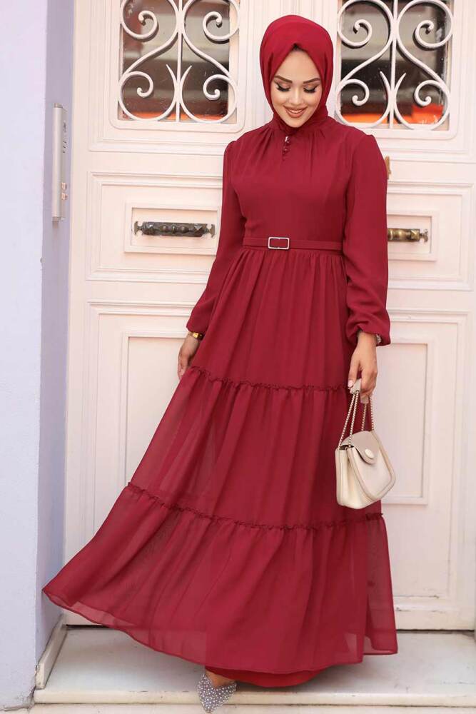 Neva Style - Kat Piliseli Bordo Tesettür Elbise 57250BR - 1
