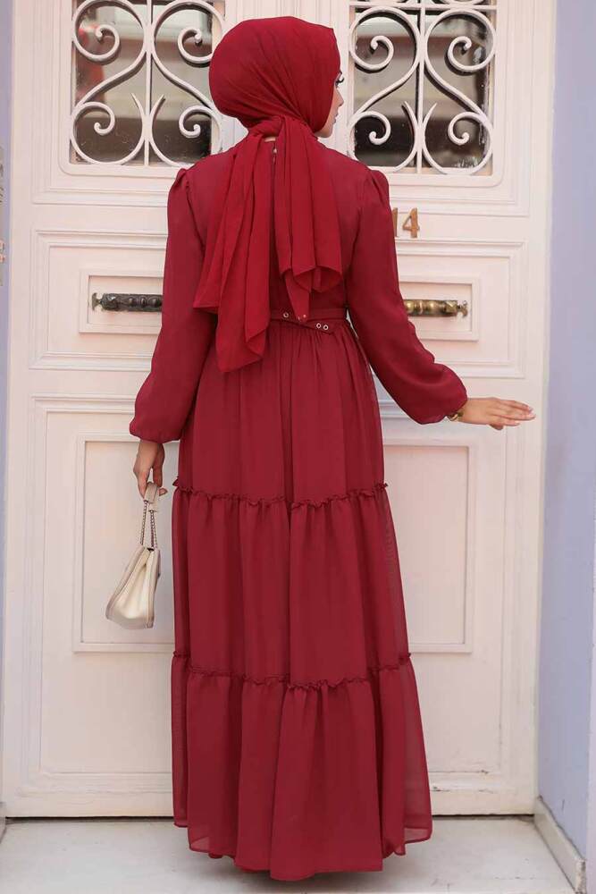 Neva Style - Kat Piliseli Bordo Tesettür Elbise 57250BR - 3