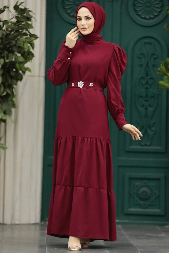 Neva Style - Kat Piliseli Bordo Tesettür Elbise 5883BR - 2