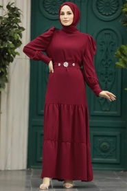 Neva Style - Kat Piliseli Bordo Tesettür Elbise 5883BR - Thumbnail