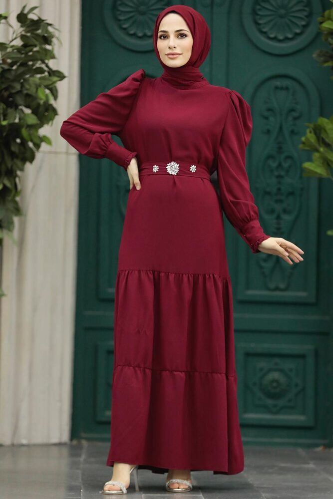 Neva Style - Kat Piliseli Bordo Tesettür Elbise 5883BR - 1