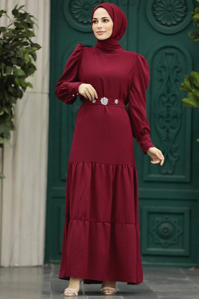 Neva Style - Kat Piliseli Bordo Tesettür Elbise 5883BR - 3