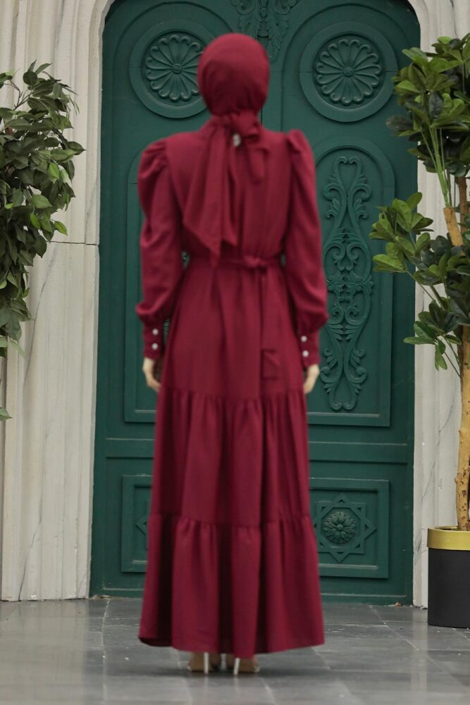 Neva Style - Kat Piliseli Bordo Tesettür Elbise 5883BR - 4