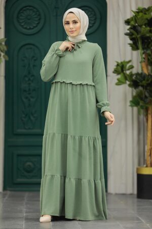 Neva Style - Kat Piliseli Çağla Yeşili Tesettür Elbise 5854CY - 1