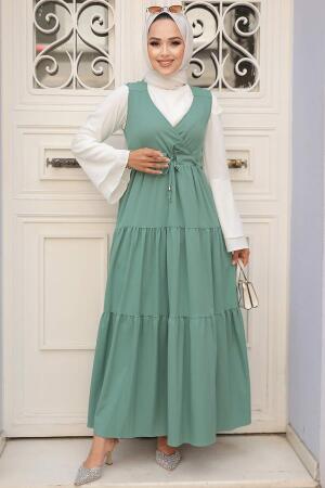 Neva Style - Kat Piliseli Çağla Yeşili Tesettür Jile Elbise 577CY - 2