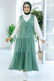 Neva Style - Kat Piliseli Çağla Yeşili Tesettür Jile Elbise 577CY - Thumbnail
