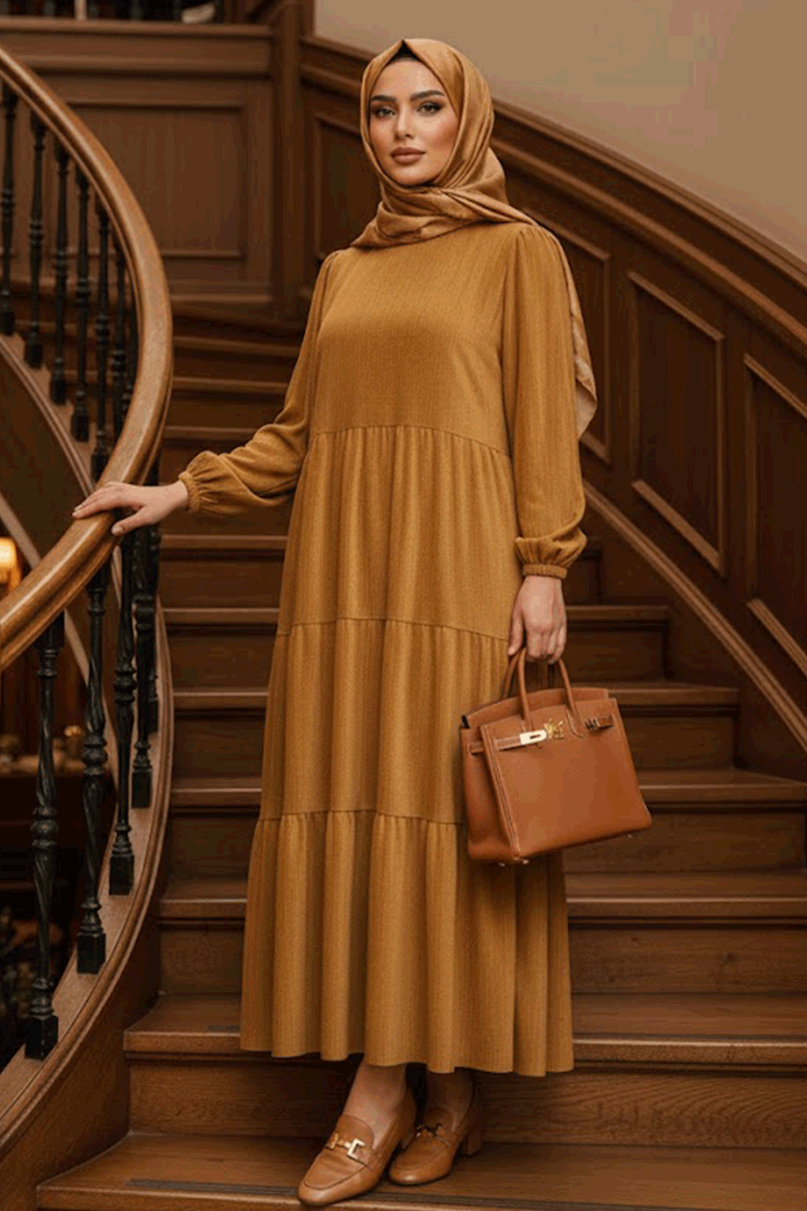 Kat Piliseli Camel Tesettür Kadife Elbise 1286C