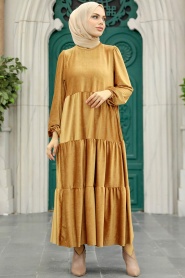 Neva Style - Kat Piliseli Camel Tesettür Kadife Elbise 1286C - Thumbnail