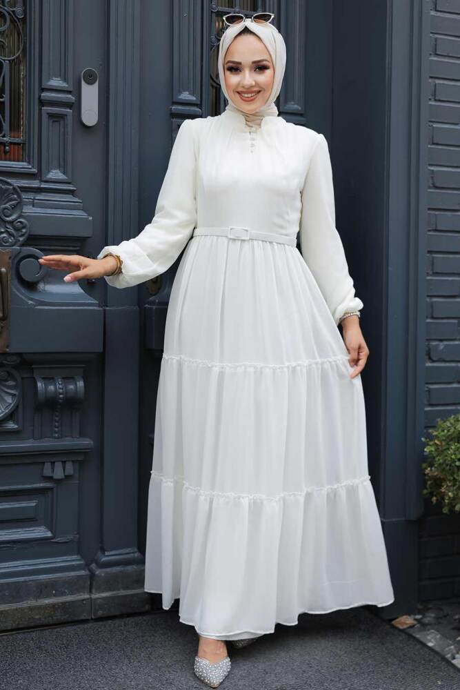 Neva Style - Kat Piliseli Ekru Tesettür Elbise 57250E - 2