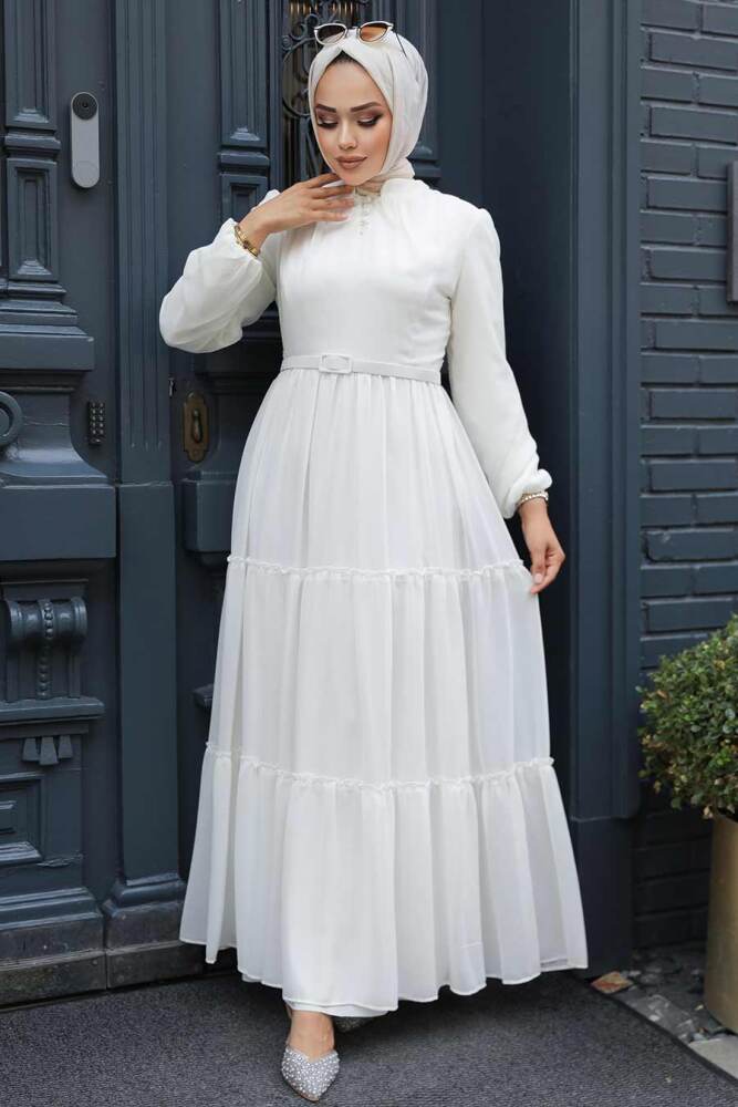 Neva Style - Kat Piliseli Ekru Tesettür Elbise 57250E - 1