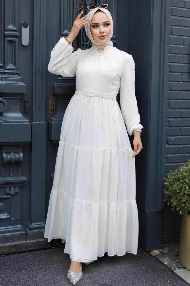 Neva Style - Kat Piliseli Ekru Tesettür Elbise 57250E - 3