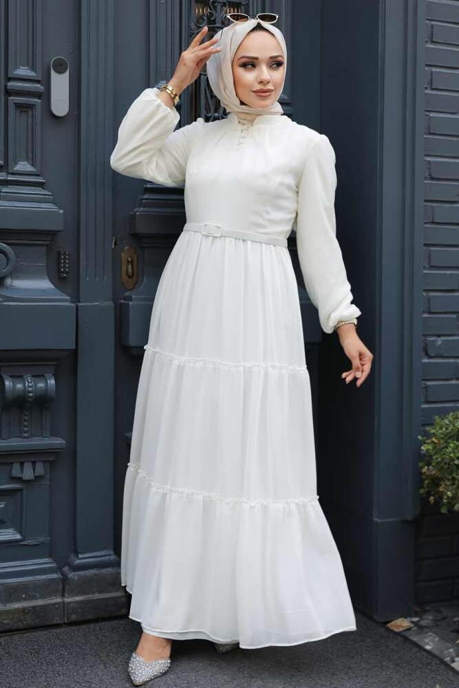 Neva Style - Kat Piliseli Ekru Tesettür Elbise 57250E - 4
