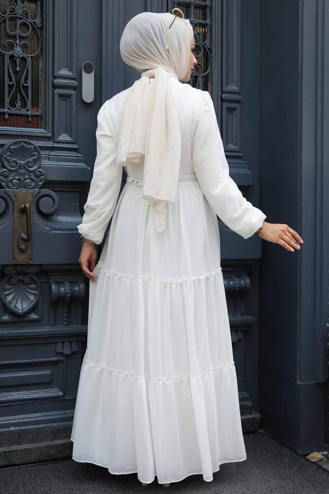 Neva Style - Kat Piliseli Ekru Tesettür Elbise 57250E - 5
