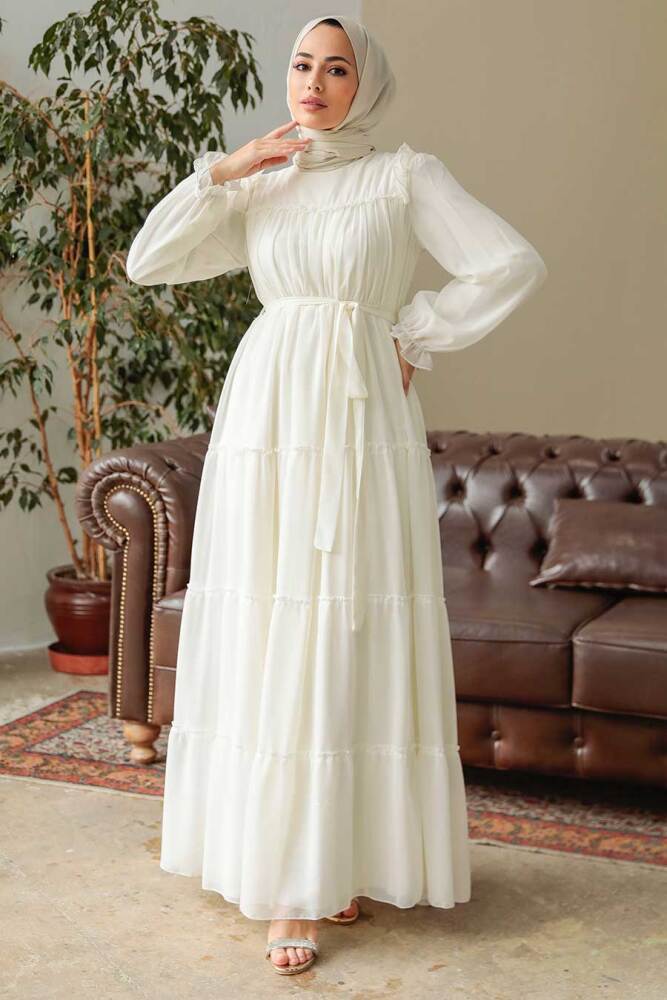 Neva Style - Kat Piliseli Ekru Tesettür Elbise 57970E - 2